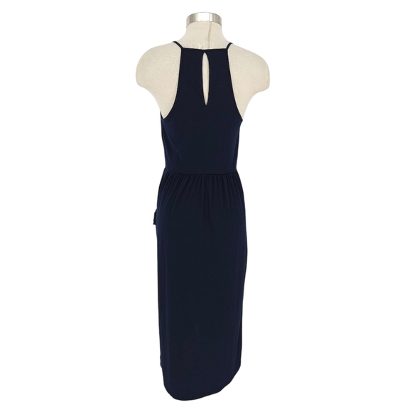 BCBGeneration Midi Dress Navy Sleeveless Keyhole Back Drape Pockets Medium - Picture 6 of 10